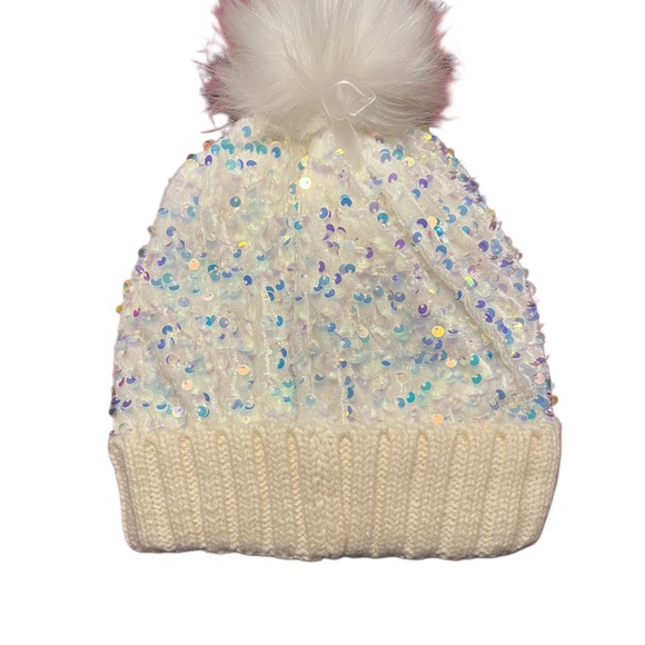 Justice White Sequin Hat with Faux Fur Pom - Picture 2 of 2